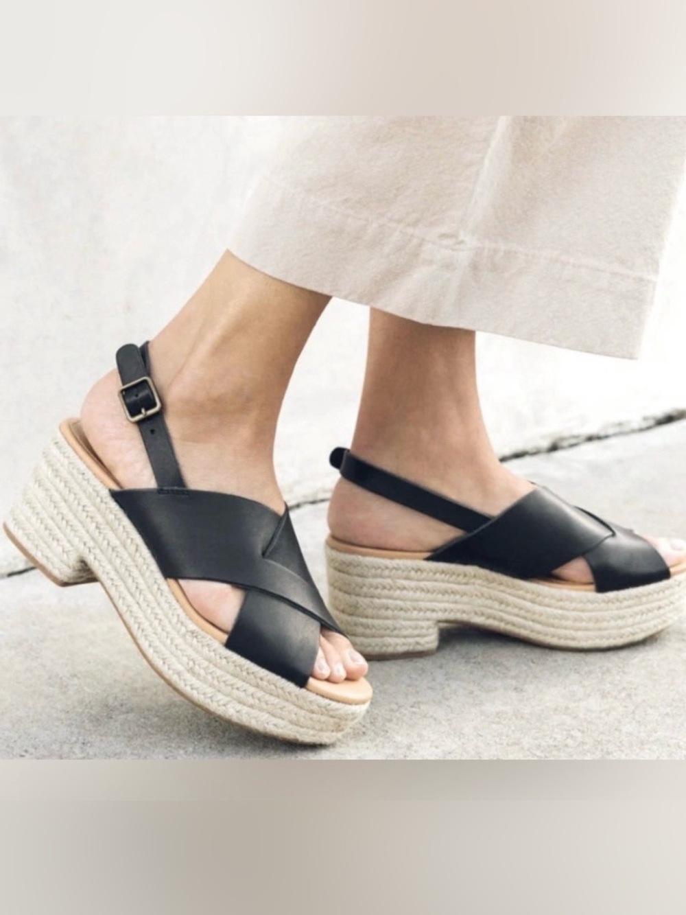 Soludos Amalfi Platform Leather espadrille Sandals Heels Black size 9.5
